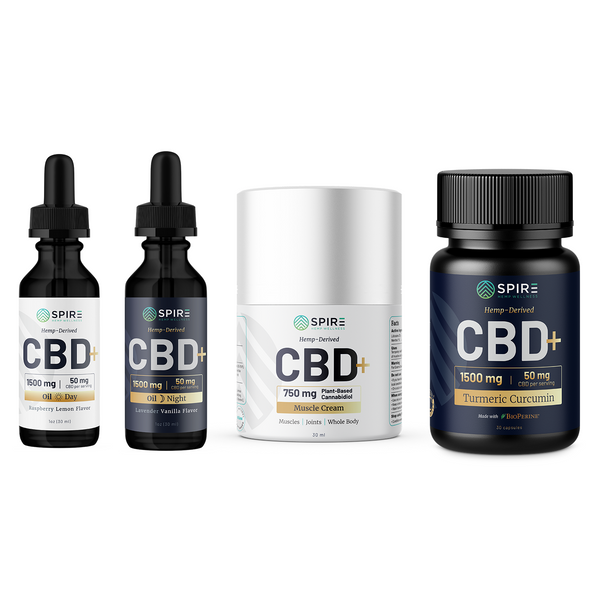image of CBD Bundle, 1 Daytime Oil, 1 Nighttime Oil, 1 Pain Cream, and 1 Turmeric Curcumin containers displaying milligrams